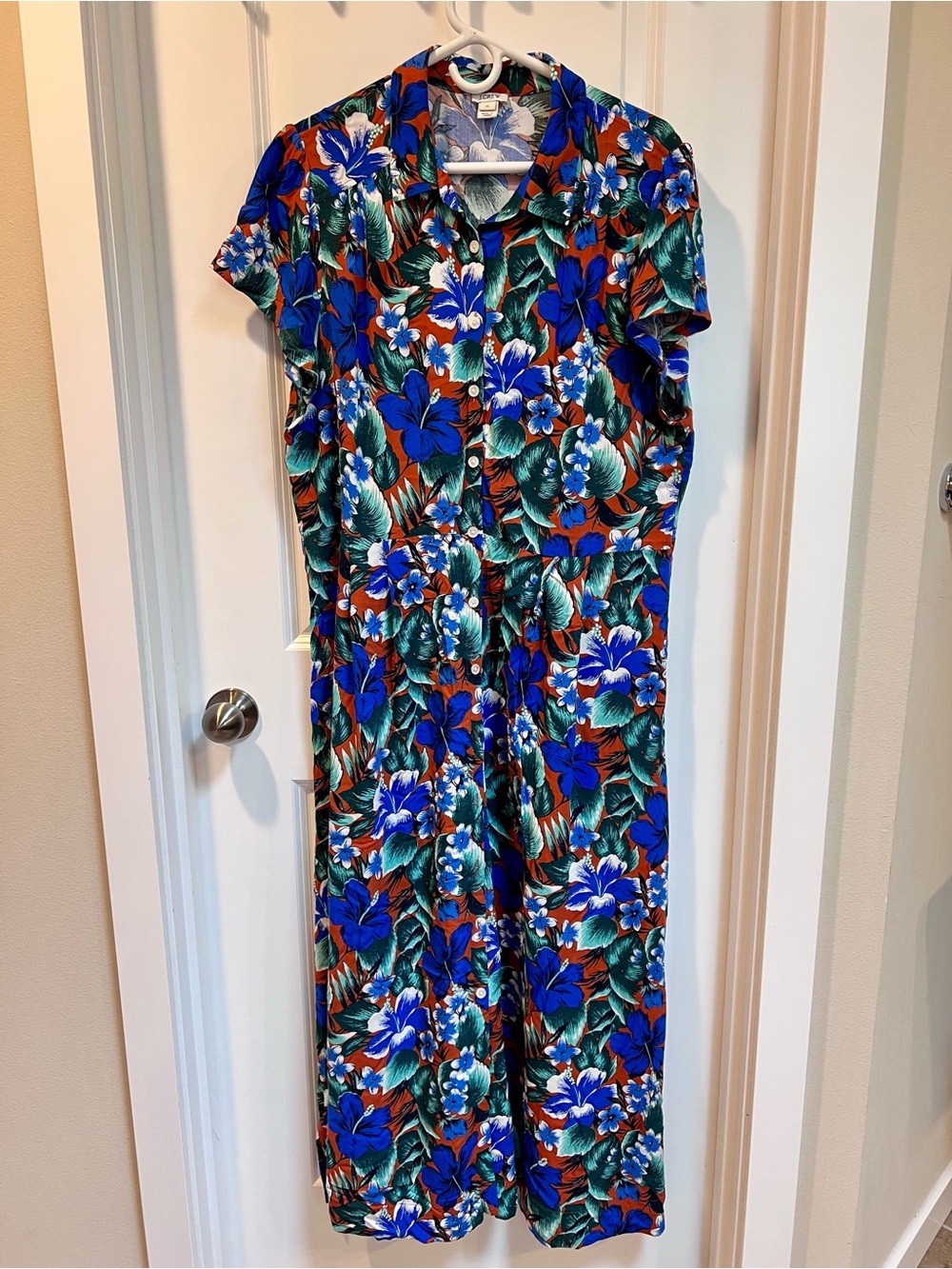🌺 J. Crew Tropical Floral Button Up Short Sleeve Maxi Dress in Blue Sz. XL - Picture 3 of 9